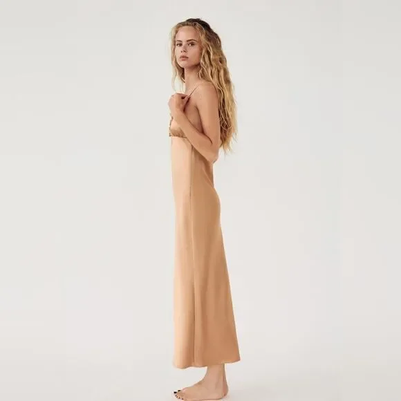 zara contrasting satin effect dress ZARA NEW WOMAN MIDI STRAPPY CONTRAST SEQUINNED SLIP DRESS CUT-OUT BLACK  8741/269
